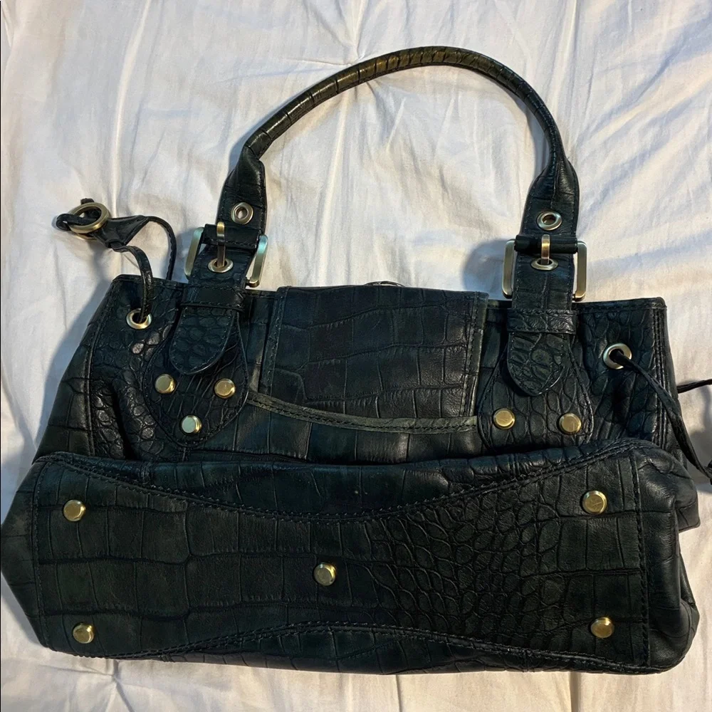 Rafe Dark Green Croc-Embossed Handbag with Gold Accents - Picture 2 of 7